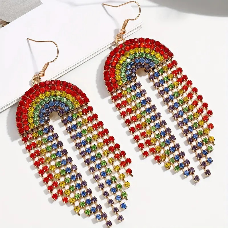 Rainbow Rhinestone Dangle Earrings Colorful Statement Drop Earrings For Women
